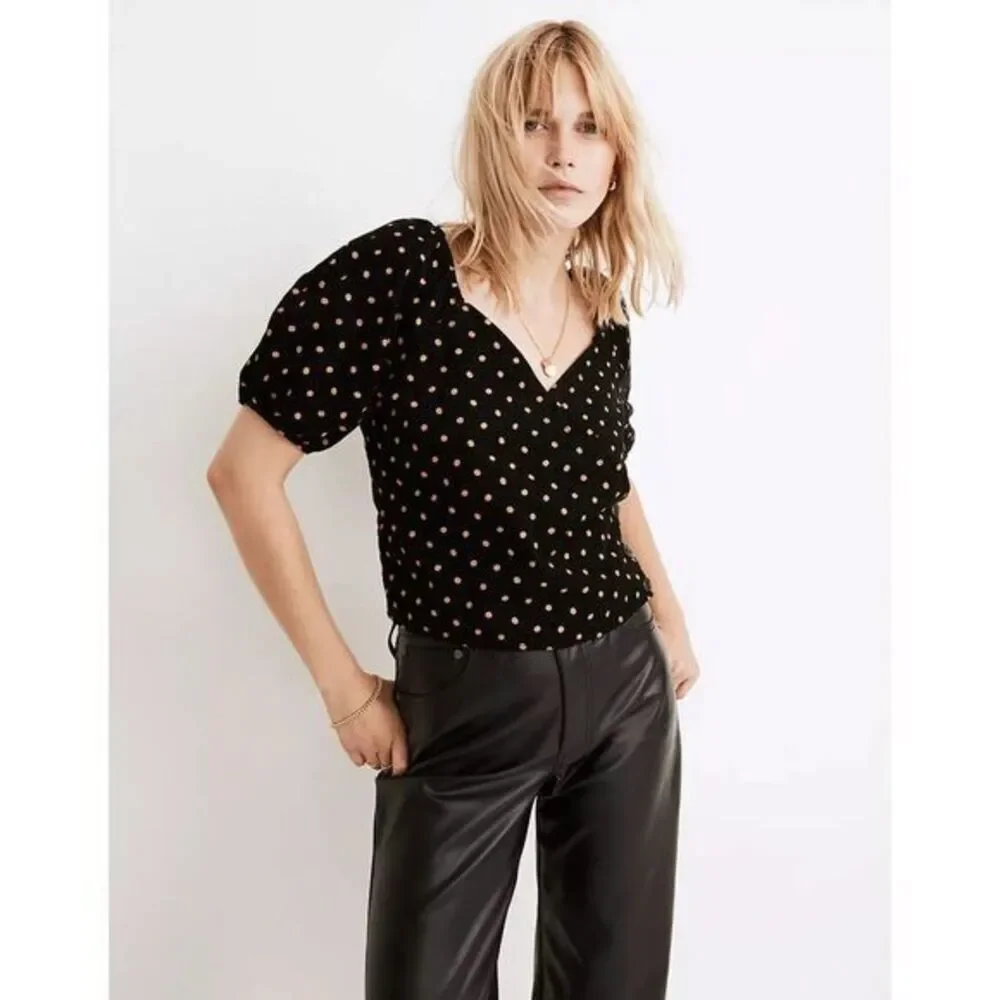 NWOT Madewell Corduroy Puff-Sleeve‎ Wrap Top in Oval Dot, 100% cotton, Black, M